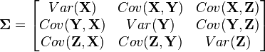 
\mathbf{\Sigma} = 
\begin{bmatrix}
Var(\mathbf{X})             & Cov(\mathbf{X}, \mathbf{Y}) & Cov(\mathbf{X}, \mathbf{Z}) \\
Cov(\mathbf{Y}, \mathbf{X}) & Var(\mathbf{Y})             & Cov(\mathbf{Y}, \mathbf{Z}) \\
Cov(\mathbf{Z}, \mathbf{X}) & Cov(\mathbf{Z}, \mathbf{Y}) & Var(\mathbf{Z}) 
\end{bmatrix}

