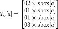
T_0[a] = 
\begin{bmatrix}
02 \times \text{sbox}[a] \\
01 \times \text{sbox}[a] \\
01 \times \text{sbox}[a] \\
03 \times \text{sbox}[a] \\
\end{bmatrix}
