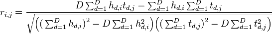 r_{i,j} = \frac{D \sum_{d=1}^D h_{d,i}t_{d,j} - \sum_{d=1}^D h_{d,i} \sum_{d=1}^D t_{d,j}}{\sqrt{\Big(\big(\sum_{d=1}^D h_{d,i}\big)^2 - D\sum_{d=1}^D h_{d,i}^2\Big)\Big(\big(\sum_{d=1}^D t_{d,j}\big)^2 - D\sum_{d=1}^D t_{d,j}^2\Big)}}