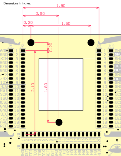 The CW308 victim board has contacts on a 100 mil spacing, allowing you to use regular prototype boards. Click for full size.
